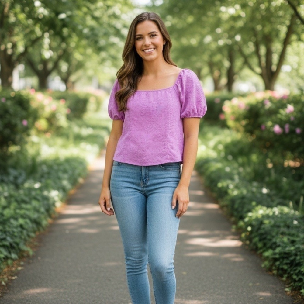 ModCloth‎ Blouse Womens M Purple Floral Jacquard Puff Sleeve Square off shoulder